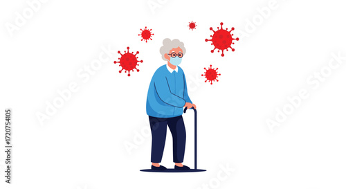 An elderly person wearing a mask and using a cane is surrounded by red virus particles.