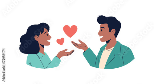Two people sharing love and affection with hearts floating between them.
