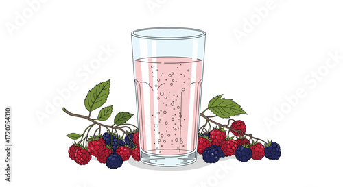 A refreshing glass of pink berry smoothie surrounded by fresh raspberries and blueberries on a white background.