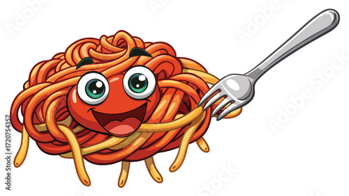 Happy spaghetti character with bolognese sauce and fork pasta food