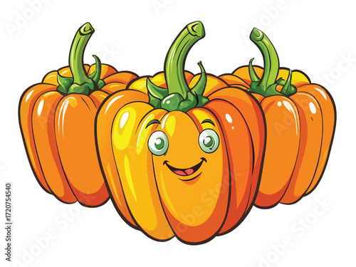 Three orange bell peppers with happy faces and green stems capsicum cartoon