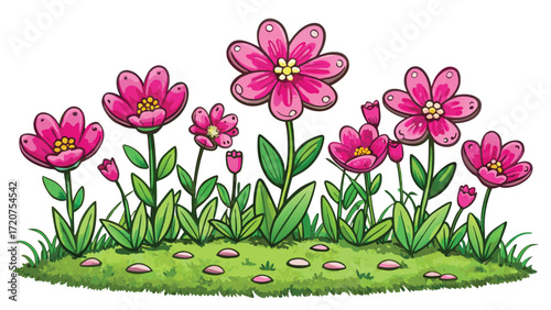 Pink flowers blooming green grass isolated on white background