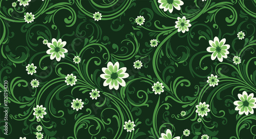 Elegant green floral pattern with swirling vines and delicate blossoms.