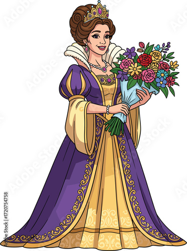 Cartoon queen holding flower bouquet, wearing crown, royal gown, jewelry accessories, elegant regal character vector for fantasy and royalty themes