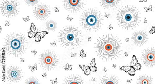 A captivating repeating pattern of stylized eye symbols and delicate butterflies.