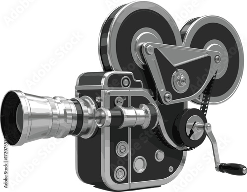 Vintage dual-reel film camera with hand crank, retro lens, mechanical knobs, historical motion picture device, antique cinematography equipment