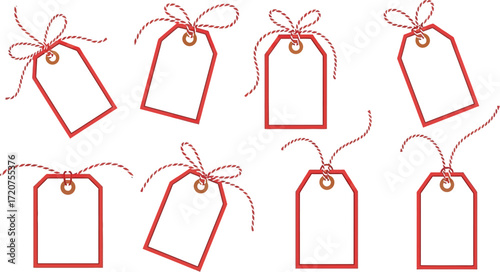 Red gift tags with string for christmas presents and product pricing