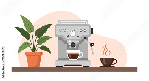 Enjoying a fresh espresso from a modern coffee machine next to a potted plant and a steaming cup.