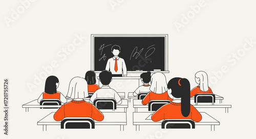 Teacher lecturing students in a classroom setting, simple line art illustration.