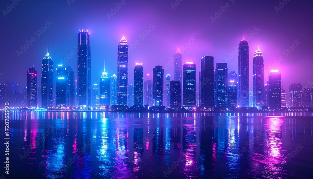 Fototapeta premium Neon Urban Skyline with Purple Haze