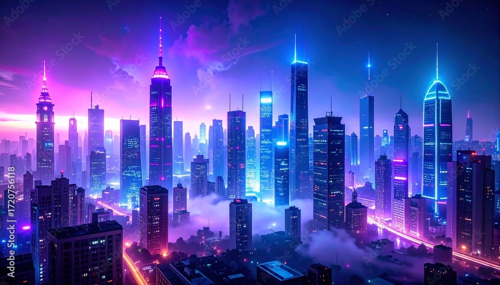 Fototapeta premium Neon Urban Skyline with Purple Haze