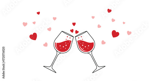 Two wine glasses clinking together with hearts floating around them for a celebration.