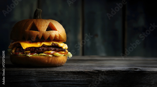 Halloween pumpkin face burger on a rustic wooden table with a dark background