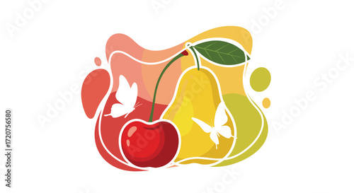 A vibrant illustration featuring a ripe cherry and a pear surrounded by abstract colorful shapes and delicate butterflies.