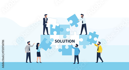 Business team collaboratively assembling a puzzle displaying the word "SOLUTION".