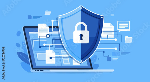 Cybersecurity concept showing a laptop computer protected by a large blue shield with a padlock, symbolizing data privacy and internet safety.