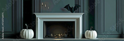 Elegant dark gray living room with a classic white fireplace and decorative halloween pumpkins