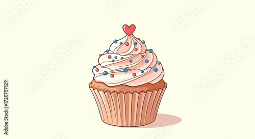 A delicious cupcake with white frosting and colorful sprinkles topped with a small red heart.