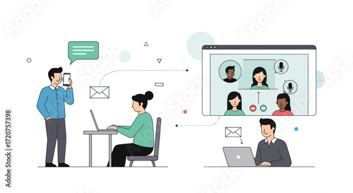 Diverse people engaged in various communication methods, including phone calls, emails, and video conferencing, in a modern work setting.