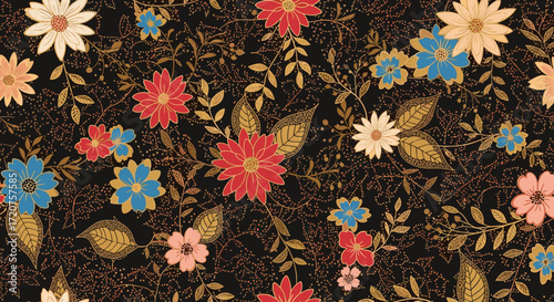 A close up of a black fabric with a repeating pattern of small colorful flowers and golden leaves.