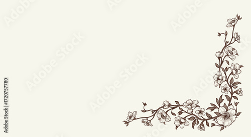 A delicate vine with small flowers and leaves gracefully adorns the corner of a light beige background.