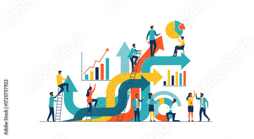 Teamwork propelling upward growth, navigating complex pathways to success.