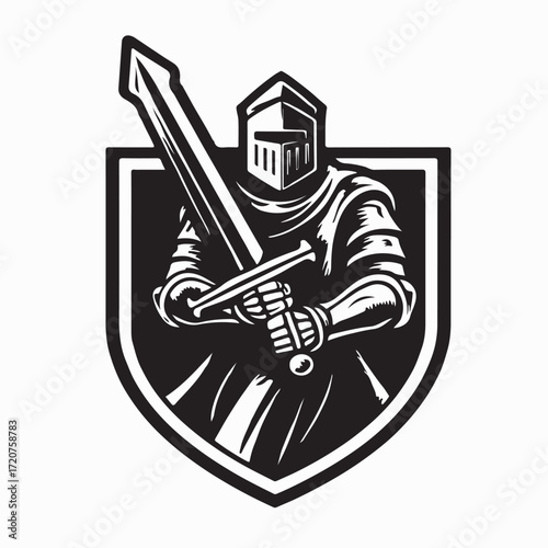 Medieval English Knight with Sword Inside Shield Heraldic Vector Logo Design