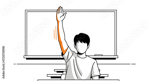 A student raising their hand in a classroom, likely asking a question.