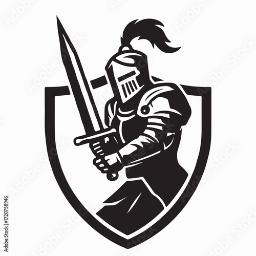 Royal Knight Emblem with Sword in Shield Vintage Vector Logo