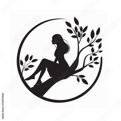 Silhouette of Girl Sitting on Tree Branch in Peaceful Vector Scene