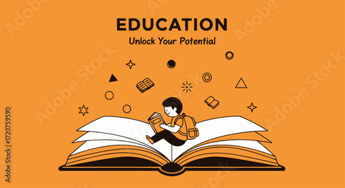 A minimalist illustration depicts a student reading on a large open book, surrounded by floating knowledge symbols, emphasizing education and personal potential.