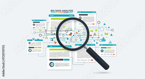 Magnifying glass analyzing interconnected web pages, big data analysis concept.