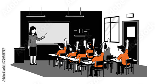 A teacher in a classroom points at a whiteboard while students raise their hands.