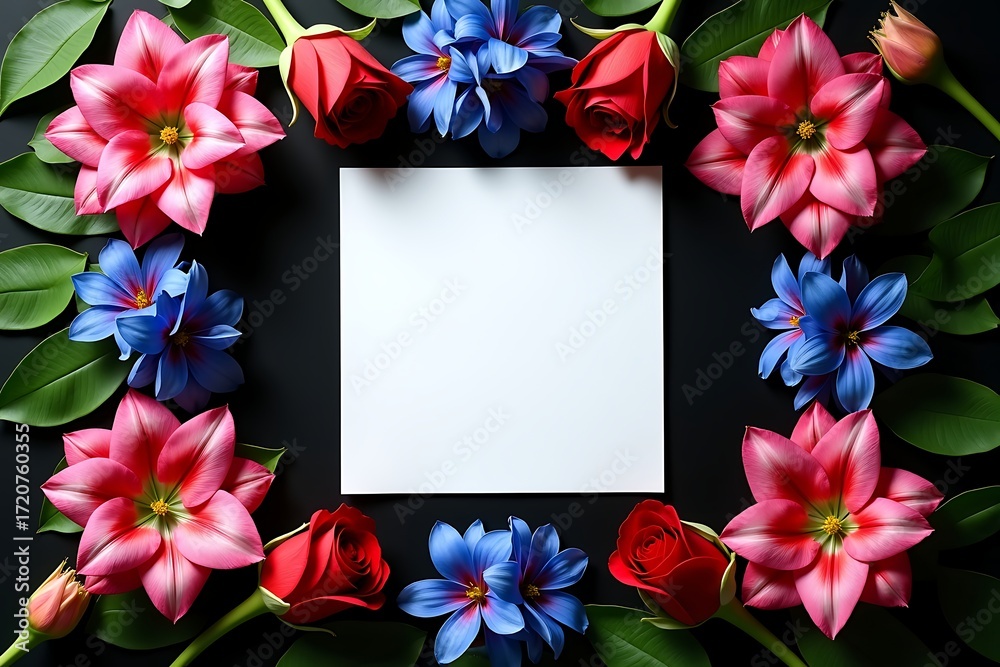 Obraz premium Floral frame with roses and lilies on black background for invitation or greeting card design layout