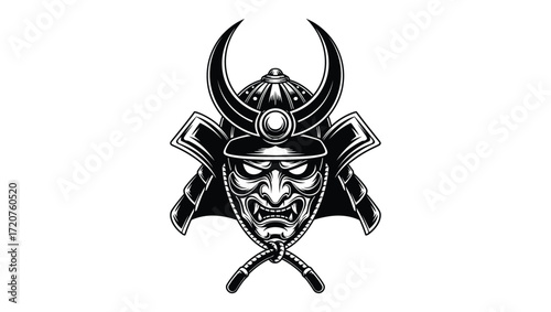 Striking Monochromatic Emblem Featuring a Traditional Japanese Warrior Helmet and Fierce Mask, Symbolizing Resilience, Honor, and Ancient Heritage through Powerful Artistic Design