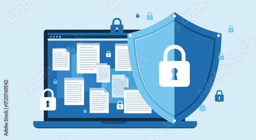 Laptop screen displaying protected documents shielded by a security emblem.