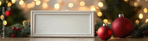 White Frame with Red Christmas Ornaments on Wooden Table
