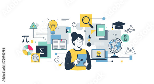 An illustration of a woman holding a tablet surrounded by educational symbols like a lightbulb, books, globe, and mathematical equations, representing learning and knowledge.