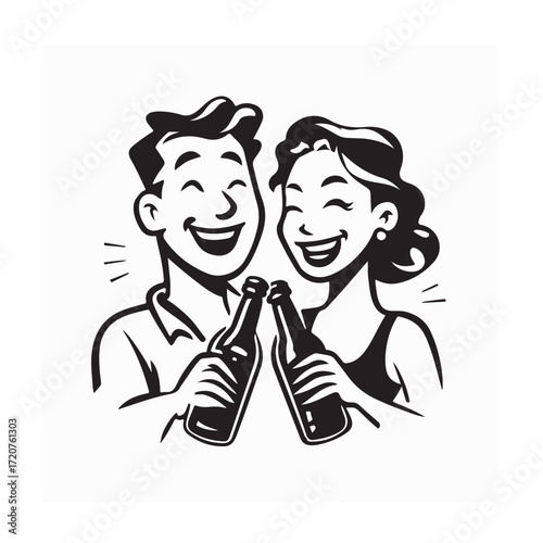 Cheerful Couple Toasting Beer Bottles Together in Happy Celebration Vector