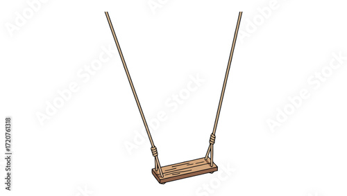 Charming illustration of a classic wooden swing, suspended by sturdy ropes, evoking nostalgic feelings of outdoor childhood play and simple enjoyment on a clear background