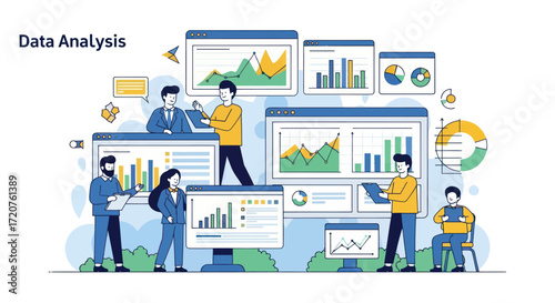 Business team collaborating on data analysis using multiple computer screens displaying graphs and charts.