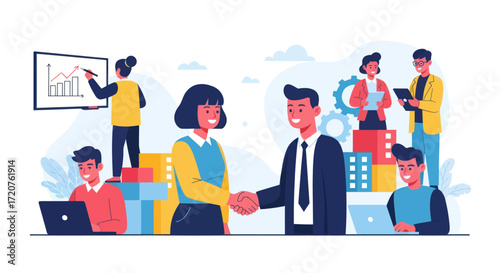 Team collaboration, successful partnership, business deal, project completion, growth strategy.
