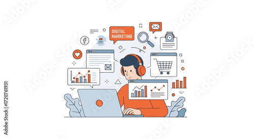 Wallpaper Mural Focused man manages digital marketing, analyzing data on laptop. Torontodigital.ca