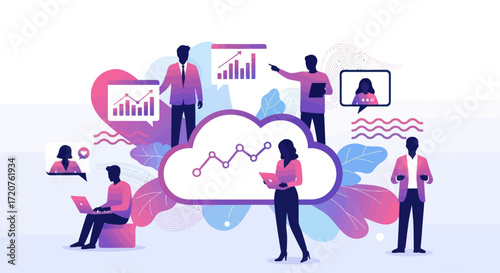 Business team collaborating around a cloud computing concept, illustrating data analysis and digital workflow.