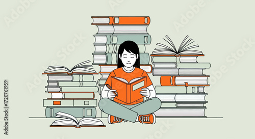 Young woman engrossed in reading a book surrounded by stacks of books.