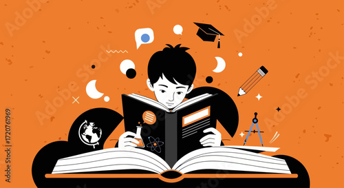 A child engrossed in reading, surrounded by educational symbols, highlighting the importance of learning.