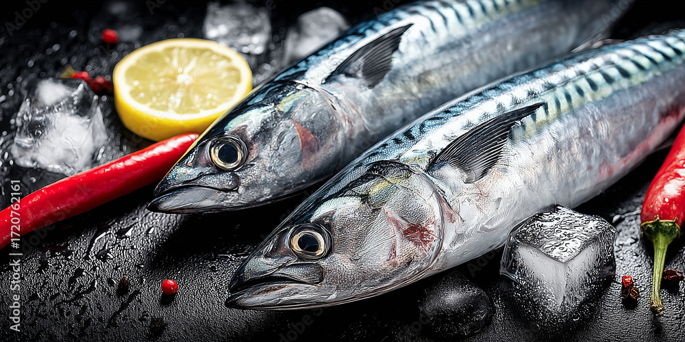 Obraz premium Fresh mackerel fish on ice with lemon and red chili peppers 