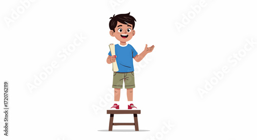 A young boy stands on a small stool, holding a book and smiling, in a minimalist environment.