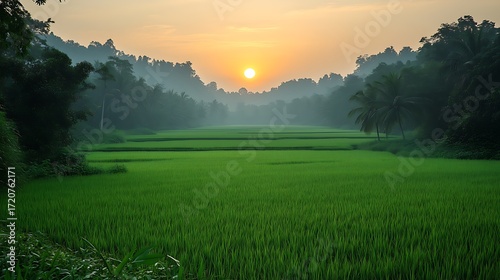 Serene Sunrise Over Vast, Lush Green Rice Fields: Flanked by Misty Dark Green Forested Hills, Central Orange Sun & Palm Trees