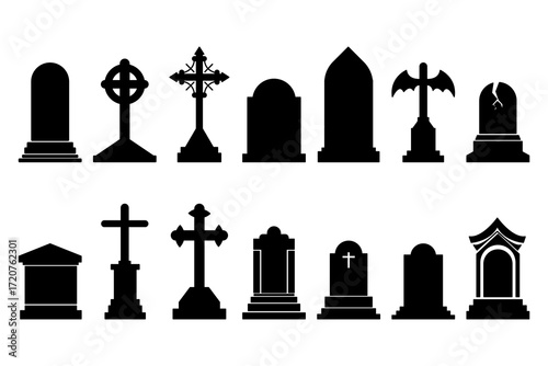 A collection of ominous black tombstones against a plain backdrop. The tombstones display various designs including crosses and other religious emblems.